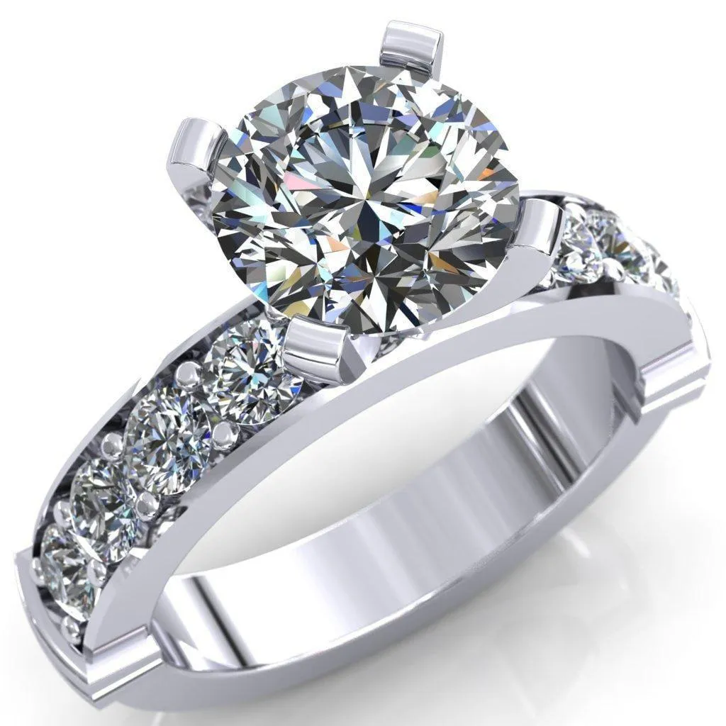 Zeina Round Center Stone Exquisite 4 Prong Thick Diamond Row Sides Ring