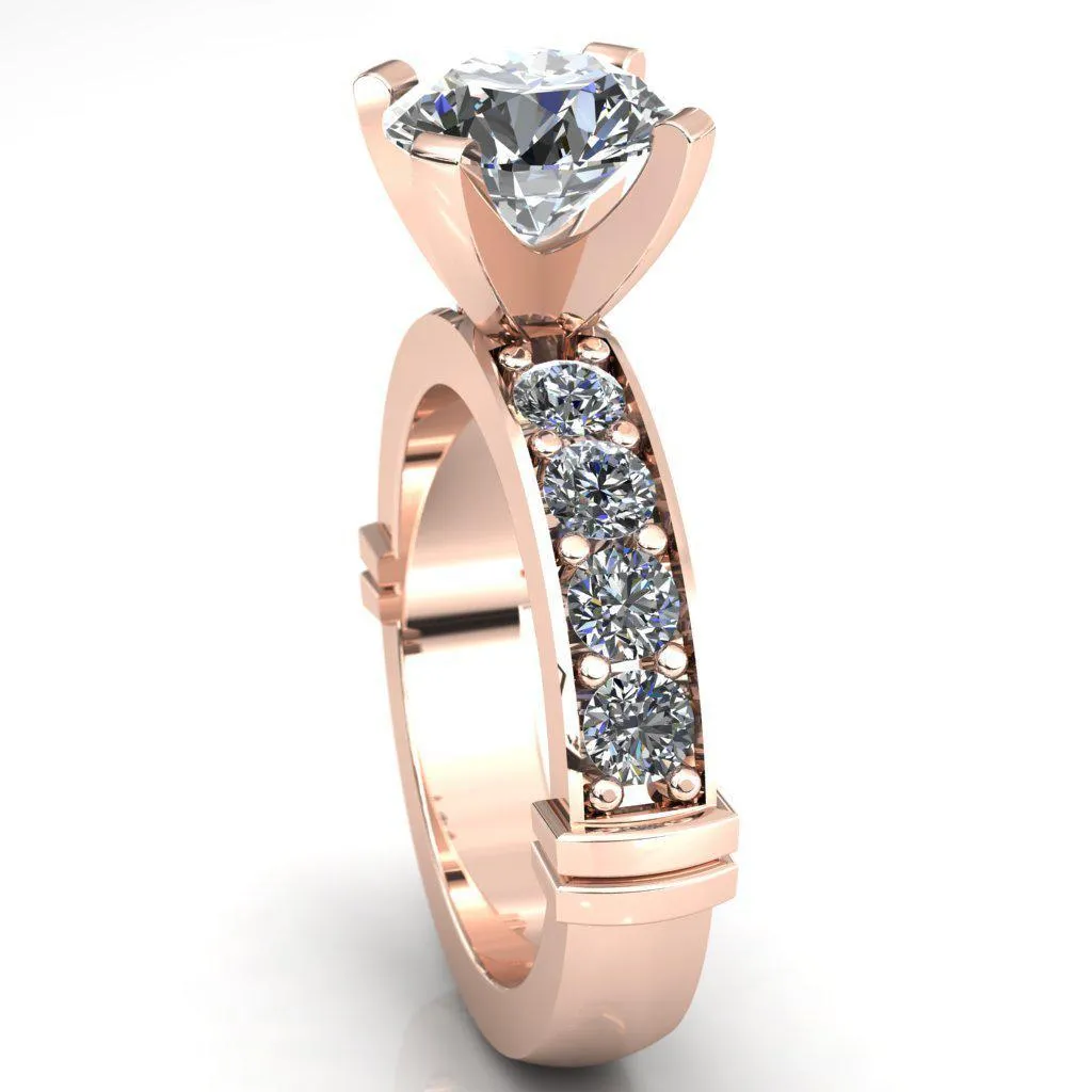 Zeina Round Center Stone Exquisite 4 Prong Thick Diamond Row Sides Ring