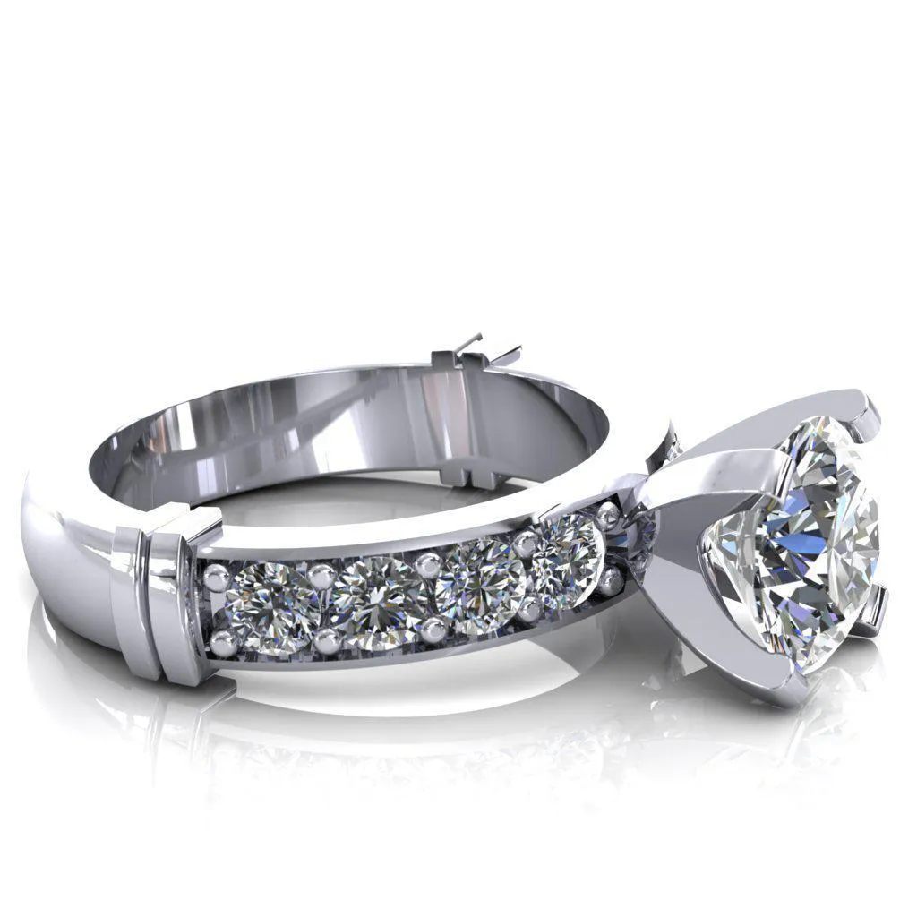 Zeina Round Center Stone Exquisite 4 Prong Thick Diamond Row Sides Ring