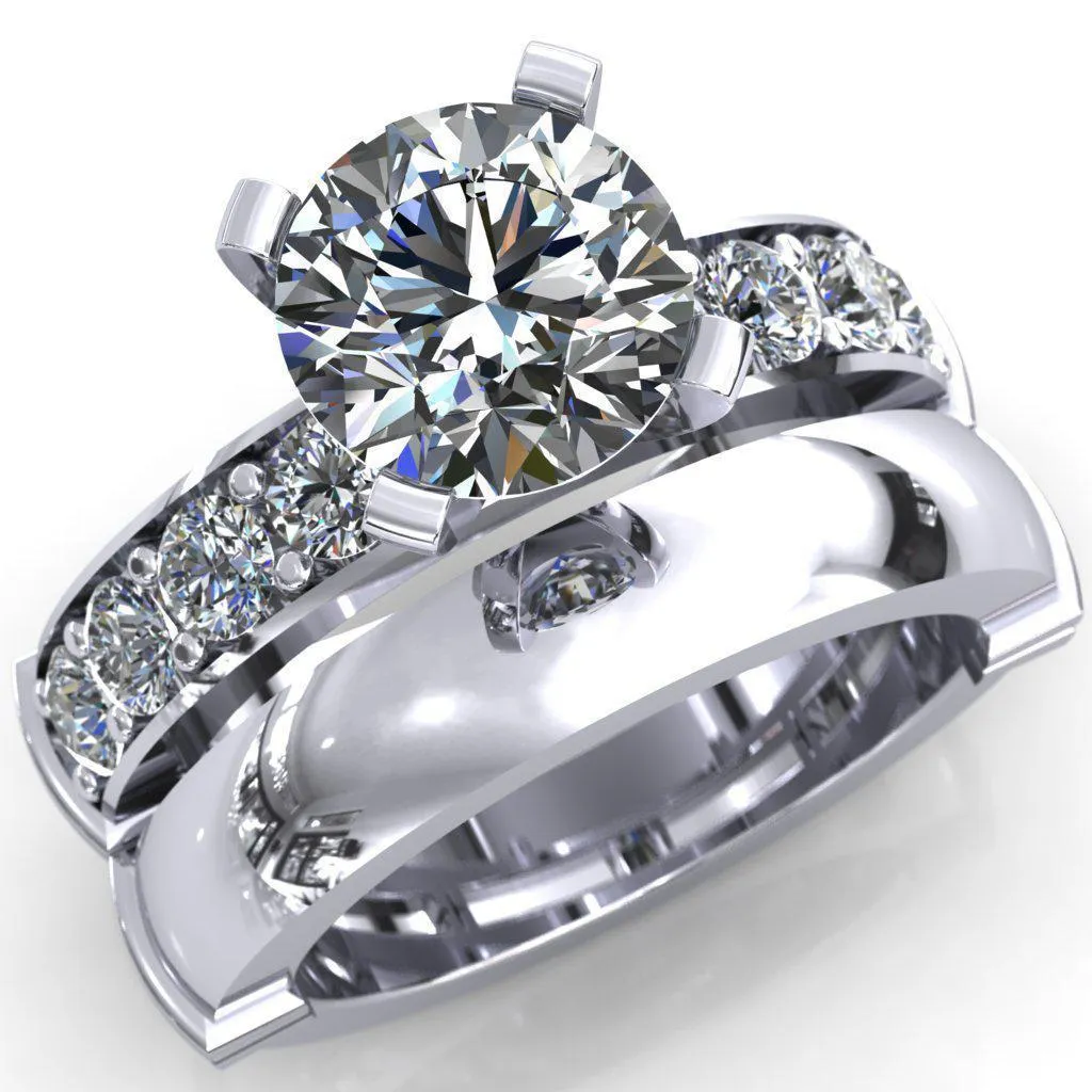 Zeina Round Center Stone Exquisite 4 Prong Thick Diamond Row Sides Ring