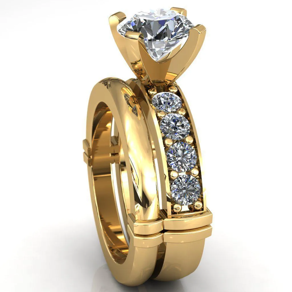Zeina Round Center Stone Exquisite 4 Prong Thick Diamond Row Sides Ring