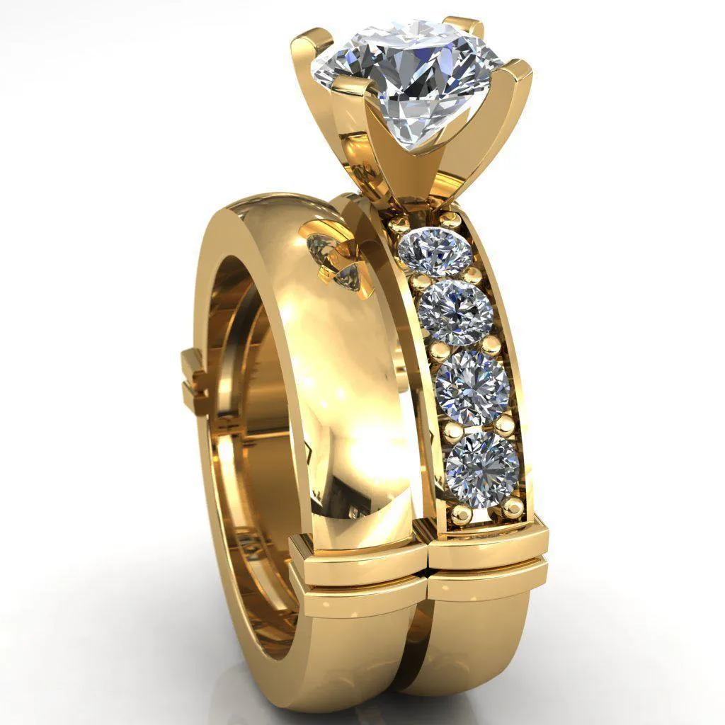 Zeina Round Center Stone Exquisite 4 Prong Thick Diamond Row Sides Ring