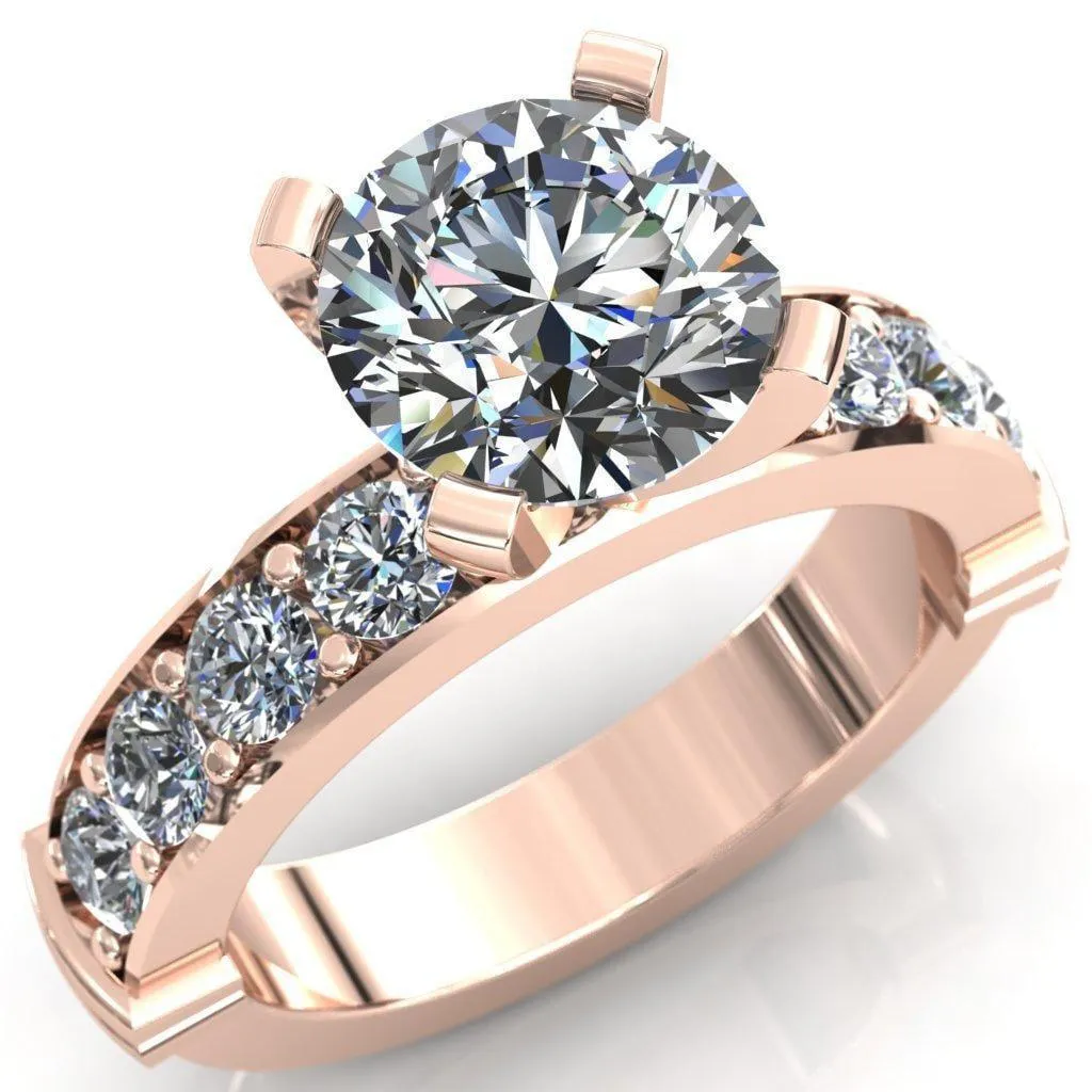Zeina Round Center Stone Exquisite 4 Prong Thick Diamond Row Sides Ring